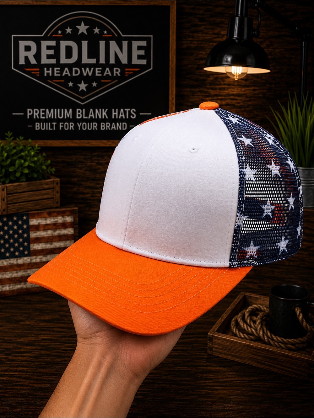 White & Blaze Orange Tactical Operator Trucker Hat | American Flag Mesh